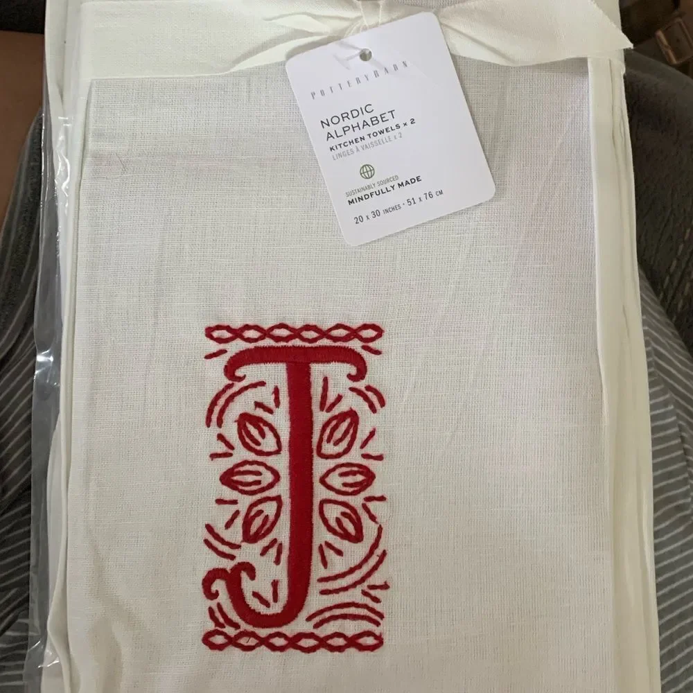 Pottery Barn “J” Nordic Alphabet Cotton/Linen Tea Towels - Set Of 2